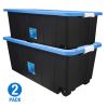 50 Gallon Rolling Plastic Storage Bin Container with Pull Handle, Black with Blue Lid, Set of 2