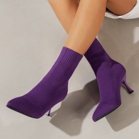 Fashion Pointed Toe Stilettos Ankle Boots Knitted Fly-woven Elastic Boots Autumn And Winter Thin-heel Luxury Pumps Woman (Option: Purple-Size37)