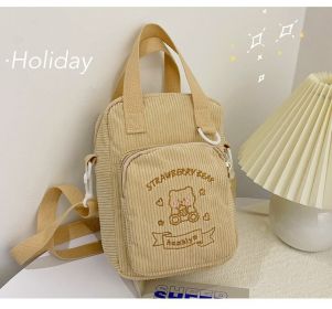 Cute Embroidery Bear Soft Sister Student Corduroy Hand Crossbody Bag (Option: No pendant beige)