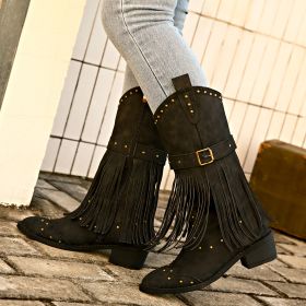 Retro Tassel Boots With Rivet Strap Buckle Design Shoes For Women Winter Footwear Fashion Mid-calf Square Heel Knight Western Boots (Option: Black-Size36)