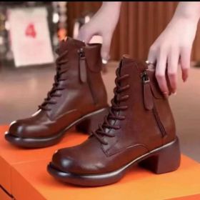 Thick Bottom Solid Color Ankle Boots Women (Option: Brown-35)