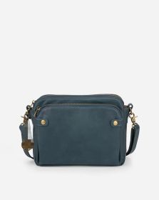 Vintage Three Layer Leather Messenger Bag (Color: Blue)