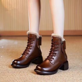 Thick Bottom Solid Color Ankle Boots Women (Option: Brown With Velvet-35)