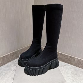 Thick Sole Long Boots Solid Color New Fashion Trendy Fly-woven Elastic Shoes Women's Winter FootwearHigh Boots (Option: Black Long-Size35)