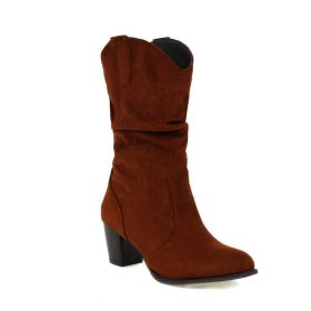 Chunky Heel High Heel Frosted Mid-calf Boots For Women (Option: Yellow Brown-35)