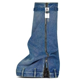 Thick-soled Denim Skirt With Shark Women's Round Toe Boots (Option: Denim Blue-35)