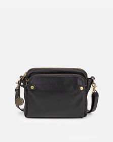 Vintage Three Layer Leather Messenger Bag (Color: Black)