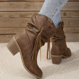 Retro Tassel Boots Winter Thick Square Heel Mid-calf Knight Western Boots Woman Fashion Shoes (Option: Dark Brown A-Size42)