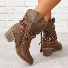 Retro Tassel Boots Winter Thick Square Heel Mid-calf Knight Western Boots Woman Fashion Shoes (Option: Dark Brown B-Size36)