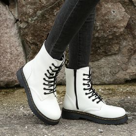 Fashion Lace-up Boots For Women Autumn And Winter Black White Zipper Mid-calf Boots Elegant Low Heel Shoes (Option: White-Size35)