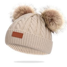 Cute Double Wool Pompom Baby Hat Children Cap Warm Autumn Winter Hats For Kids Boys Girls Knitted Warmer Beanie Caps Bonnet (Color: Khaki)