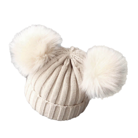 Cute Pompom Baby Hat Warm Winter Knitted Kids Baby Girl Boy Beanie Cap Solid Outdoor Infant Toddler Children Hat Bonnet (Color: Beige)