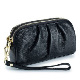 Double Large Capacity Head Layer Cowhide Temperament Purse For Women (Color: Black)