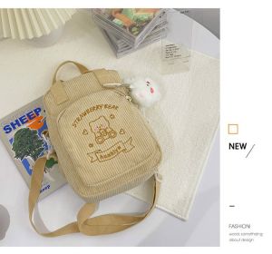 Cute Embroidery Bear Soft Sister Student Corduroy Hand Crossbody Bag (Option: Beige send plush pendant)