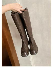 Washed Horse Leather High Tube Slimming Medium Boots (Option: Coffee Color-37)