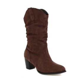 Chunky Heel High Heel Frosted Mid-calf Boots For Women (Option: Brown-36)